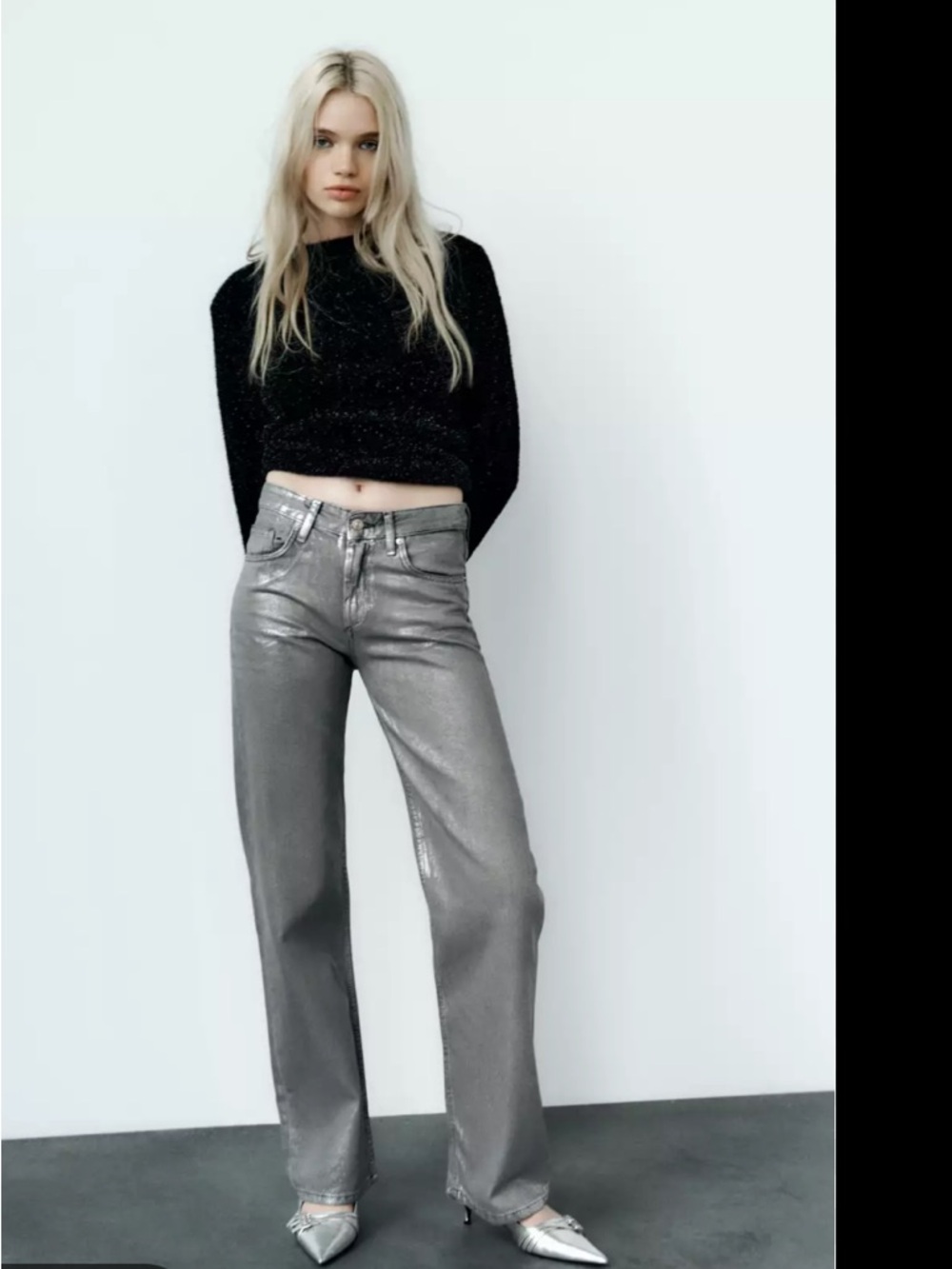 Zara Metallic Gray Wide Leg Jeans